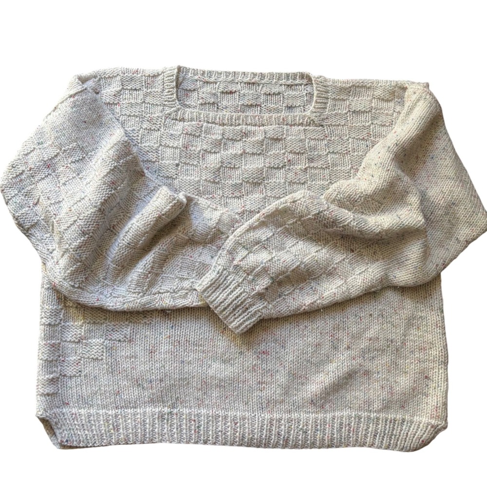 Handmade Sweater Womens Medium Cream Confetti Chunky Knit Checkerboard Pullover